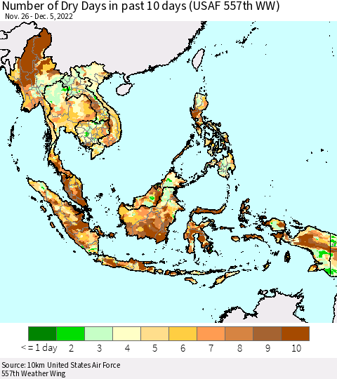 South East Asia Number of Dry Days in past 10 days (USAF 557th WW) Thematic Map For 12/1/2022 - 12/5/2022