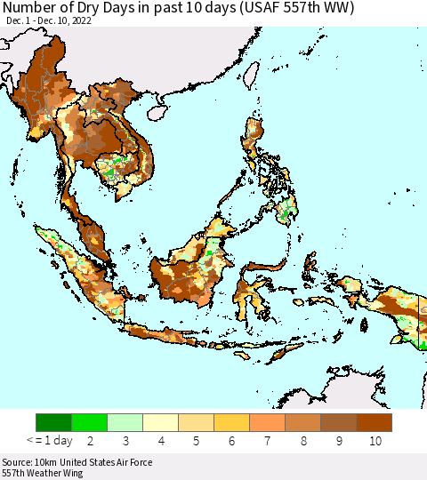 South East Asia Number of Dry Days in past 10 days (USAF 557th WW) Thematic Map For 12/6/2022 - 12/10/2022