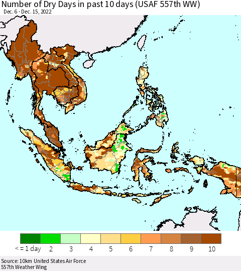 South East Asia Number of Dry Days in past 10 days (USAF 557th WW) Thematic Map For 12/11/2022 - 12/15/2022