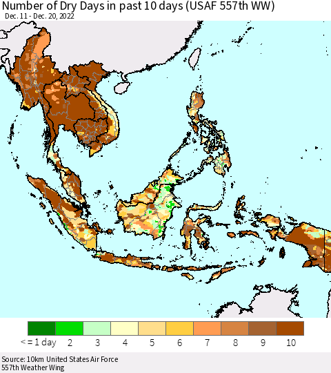 South East Asia Number of Dry Days in past 10 days (USAF 557th WW) Thematic Map For 12/16/2022 - 12/20/2022