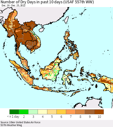 South East Asia Number of Dry Days in past 10 days (USAF 557th WW) Thematic Map For 12/21/2022 - 12/25/2022