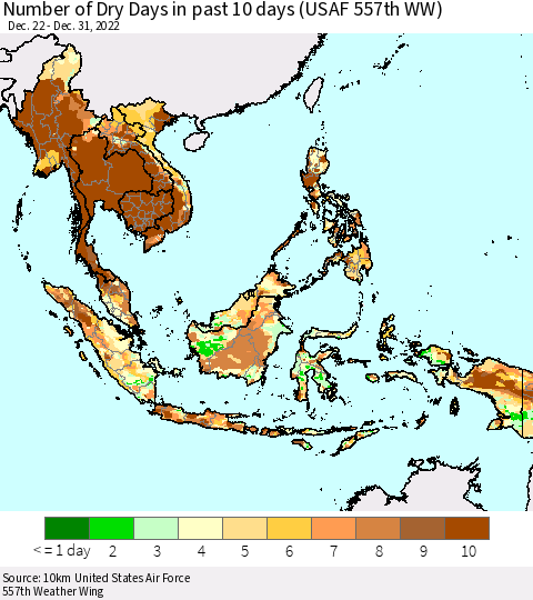 South East Asia Number of Dry Days in past 10 days (USAF 557th WW) Thematic Map For 12/26/2022 - 12/31/2022