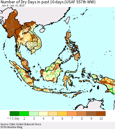 South East Asia Number of Dry Days in past 10 days (USAF 557th WW) Thematic Map For 1/11/2023 - 1/15/2023