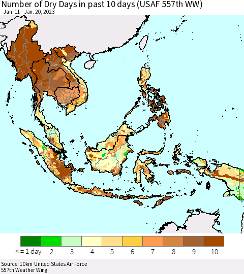 South East Asia Number of Dry Days in past 10 days (USAF 557th WW) Thematic Map For 1/16/2023 - 1/20/2023
