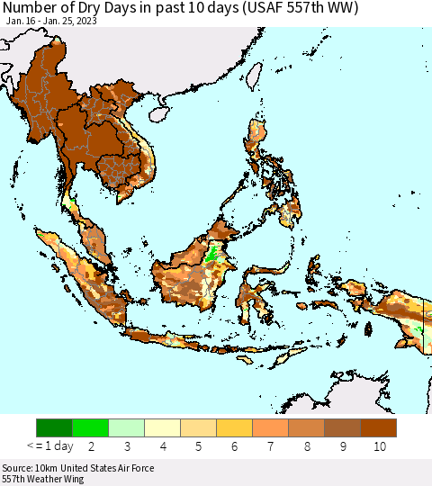 South East Asia Number of Dry Days in past 10 days (USAF 557th WW) Thematic Map For 1/21/2023 - 1/25/2023