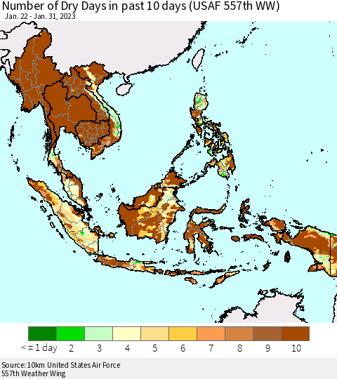 South East Asia Number of Dry Days in past 10 days (USAF 557th WW) Thematic Map For 1/26/2023 - 1/31/2023