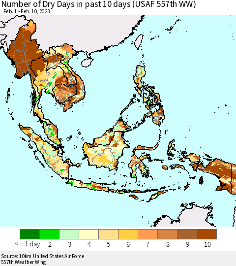 South East Asia Number of Dry Days in past 10 days (USAF 557th WW) Thematic Map For 2/6/2023 - 2/10/2023