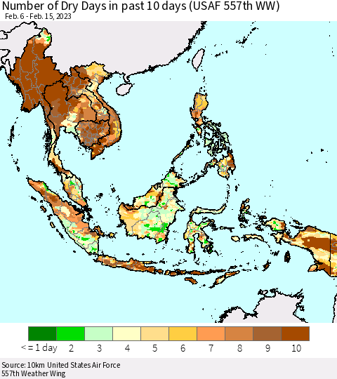South East Asia Number of Dry Days in past 10 days (USAF 557th WW) Thematic Map For 2/11/2023 - 2/15/2023