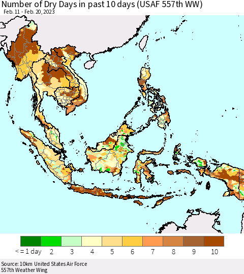 South East Asia Number of Dry Days in past 10 days (USAF 557th WW) Thematic Map For 2/16/2023 - 2/20/2023