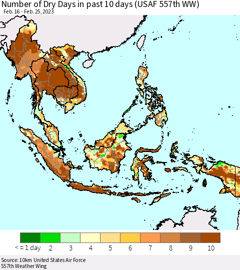 South East Asia Number of Dry Days in past 10 days (USAF 557th WW) Thematic Map For 2/21/2023 - 2/25/2023