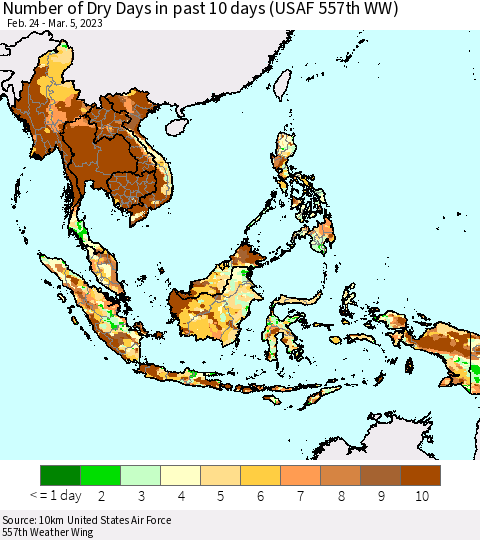 South East Asia Number of Dry Days in past 10 days (USAF 557th WW) Thematic Map For 3/1/2023 - 3/5/2023