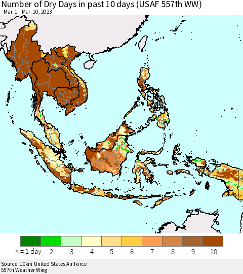 South East Asia Number of Dry Days in past 10 days (USAF 557th WW) Thematic Map For 3/6/2023 - 3/10/2023