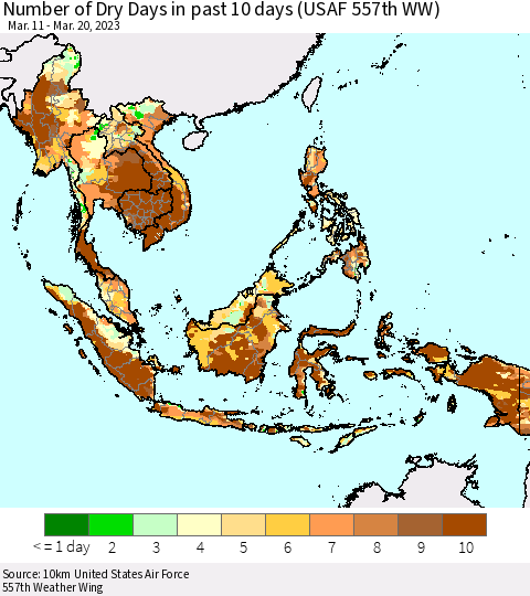 South East Asia Number of Dry Days in past 10 days (USAF 557th WW) Thematic Map For 3/16/2023 - 3/20/2023