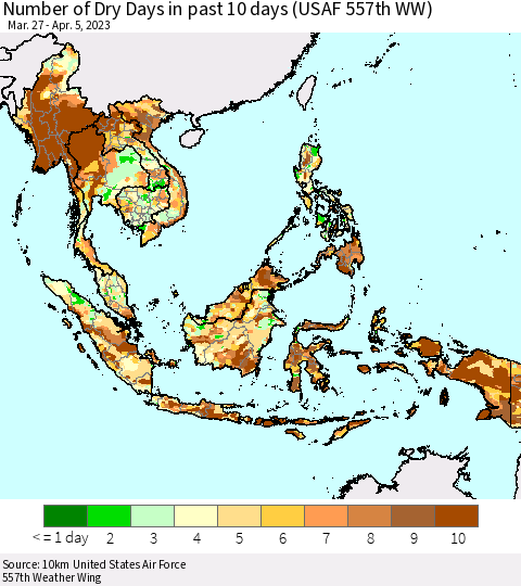 South East Asia Number of Dry Days in past 10 days (USAF 557th WW) Thematic Map For 4/1/2023 - 4/5/2023