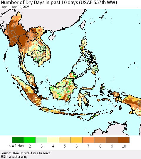 South East Asia Number of Dry Days in past 10 days (USAF 557th WW) Thematic Map For 4/6/2023 - 4/10/2023
