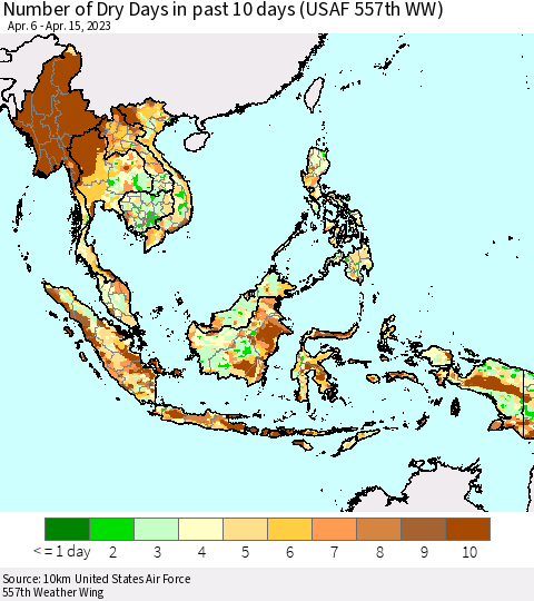 South East Asia Number of Dry Days in past 10 days (USAF 557th WW) Thematic Map For 4/11/2023 - 4/15/2023