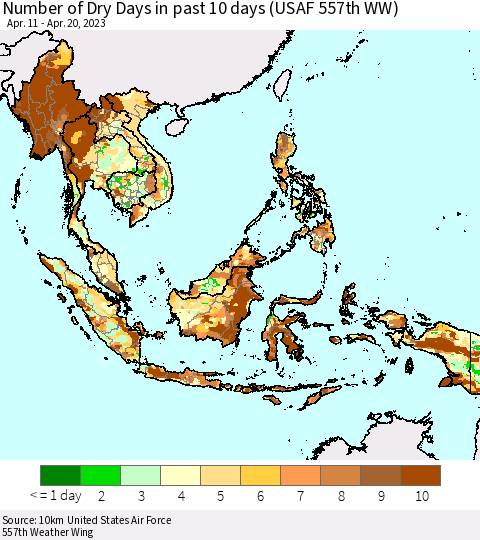 South East Asia Number of Dry Days in past 10 days (USAF 557th WW) Thematic Map For 4/16/2023 - 4/20/2023