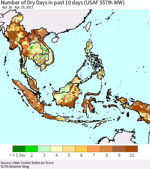 South East Asia Number of Dry Days in past 10 days (USAF 557th WW) Thematic Map For 4/21/2023 - 4/25/2023
