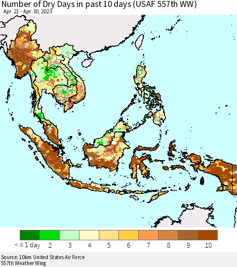 South East Asia Number of Dry Days in past 10 days (USAF 557th WW) Thematic Map For 4/26/2023 - 4/30/2023