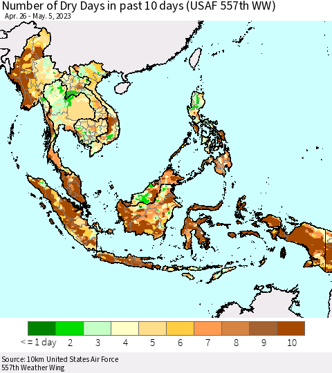 South East Asia Number of Dry Days in past 10 days (USAF 557th WW) Thematic Map For 5/1/2023 - 5/5/2023