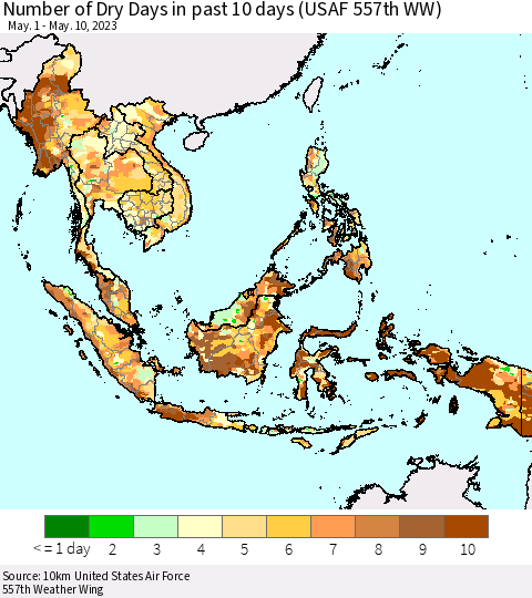 South East Asia Number of Dry Days in past 10 days (USAF 557th WW) Thematic Map For 5/6/2023 - 5/10/2023
