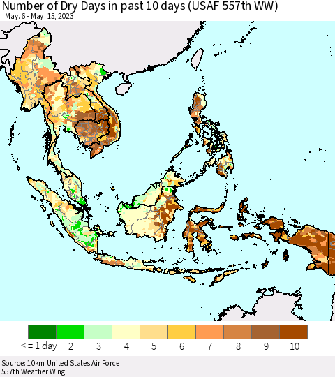 South East Asia Number of Dry Days in past 10 days (USAF 557th WW) Thematic Map For 5/11/2023 - 5/15/2023