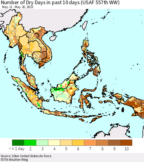 South East Asia Number of Dry Days in past 10 days (USAF 557th WW) Thematic Map For 5/16/2023 - 5/20/2023