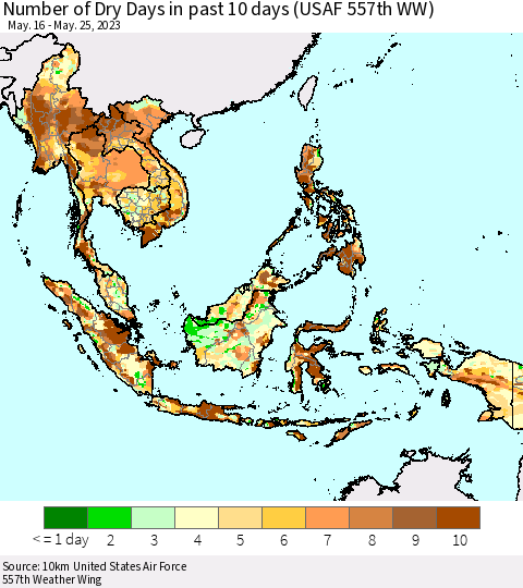 South East Asia Number of Dry Days in past 10 days (USAF 557th WW) Thematic Map For 5/21/2023 - 5/25/2023