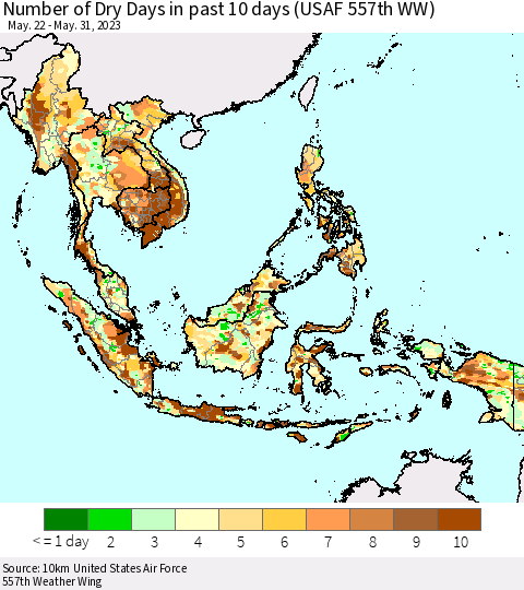South East Asia Number of Dry Days in past 10 days (USAF 557th WW) Thematic Map For 5/26/2023 - 5/31/2023