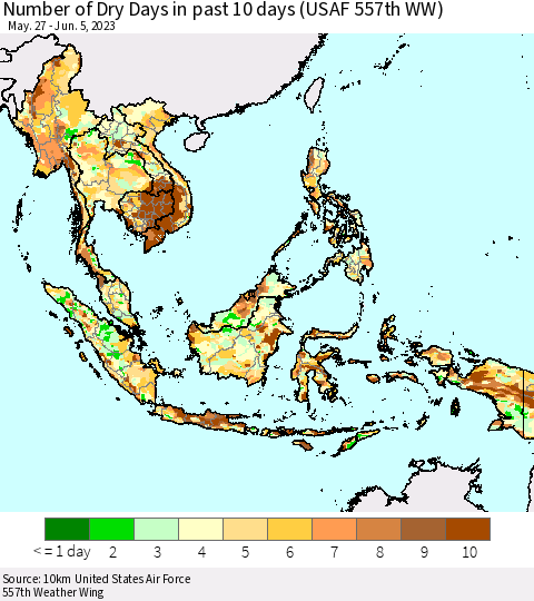 South East Asia Number of Dry Days in past 10 days (USAF 557th WW) Thematic Map For 6/1/2023 - 6/5/2023