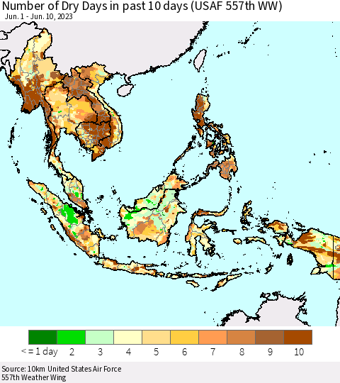 South East Asia Number of Dry Days in past 10 days (USAF 557th WW) Thematic Map For 6/6/2023 - 6/10/2023