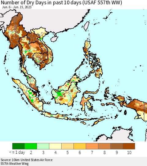 South East Asia Number of Dry Days in past 10 days (USAF 557th WW) Thematic Map For 6/11/2023 - 6/15/2023