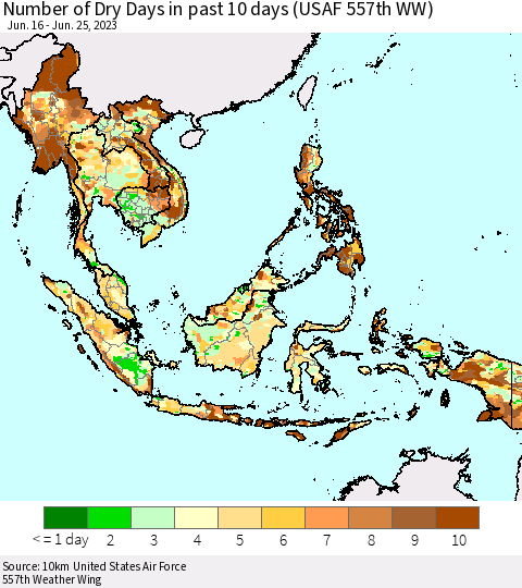 South East Asia Number of Dry Days in past 10 days (USAF 557th WW) Thematic Map For 6/21/2023 - 6/25/2023