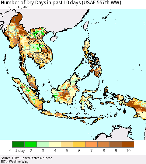 South East Asia Number of Dry Days in past 10 days (USAF 557th WW) Thematic Map For 7/11/2023 - 7/15/2023