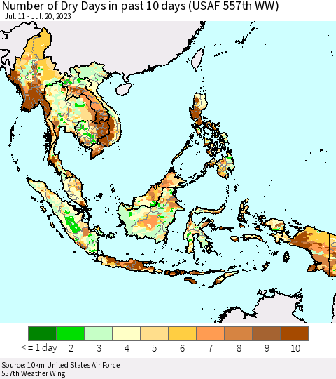 South East Asia Number of Dry Days in past 10 days (USAF 557th WW) Thematic Map For 7/16/2023 - 7/20/2023
