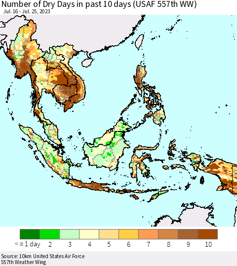 South East Asia Number of Dry Days in past 10 days (USAF 557th WW) Thematic Map For 7/21/2023 - 7/25/2023