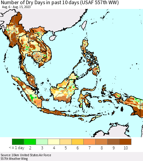 South East Asia Number of Dry Days in past 10 days (USAF 557th WW) Thematic Map For 8/11/2023 - 8/15/2023