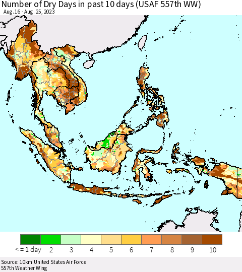 South East Asia Number of Dry Days in past 10 days (USAF 557th WW) Thematic Map For 8/21/2023 - 8/25/2023