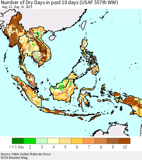 South East Asia Number of Dry Days in past 10 days (USAF 557th WW) Thematic Map For 8/26/2023 - 8/31/2023
