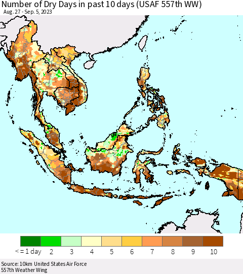 South East Asia Number of Dry Days in past 10 days (USAF 557th WW) Thematic Map For 9/1/2023 - 9/5/2023