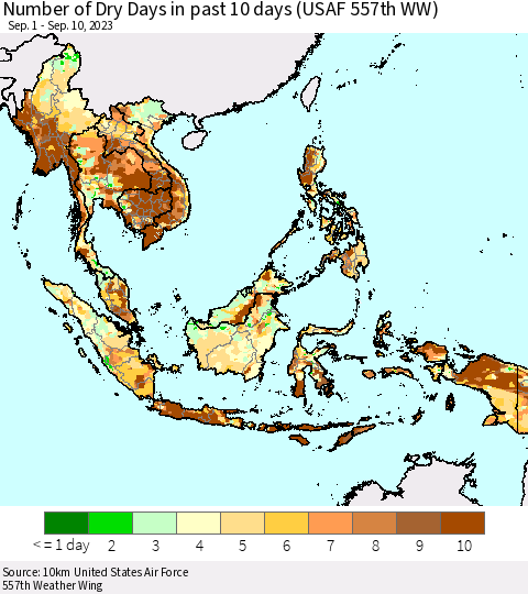 South East Asia Number of Dry Days in past 10 days (USAF 557th WW) Thematic Map For 9/6/2023 - 9/10/2023