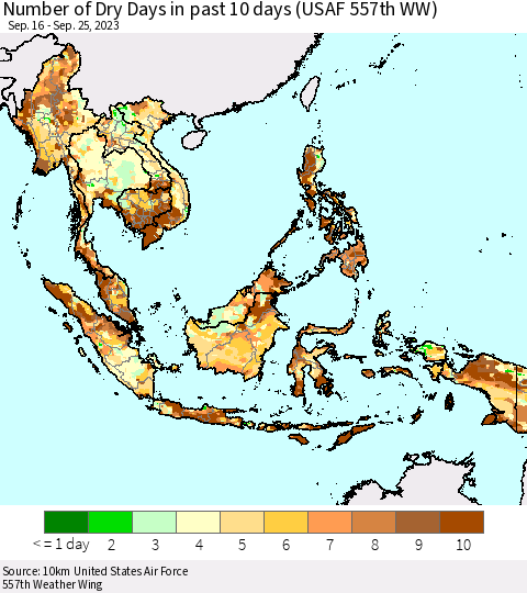 South East Asia Number of Dry Days in past 10 days (USAF 557th WW) Thematic Map For 9/21/2023 - 9/25/2023
