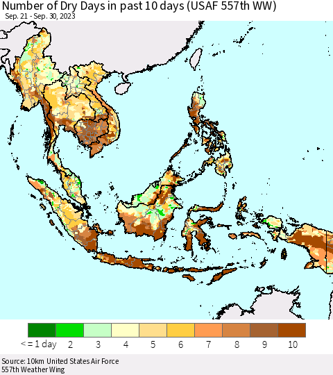South East Asia Number of Dry Days in past 10 days (USAF 557th WW) Thematic Map For 9/26/2023 - 9/30/2023