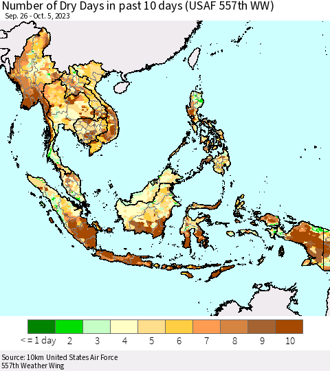 South East Asia Number of Dry Days in past 10 days (USAF 557th WW) Thematic Map For 10/1/2023 - 10/5/2023