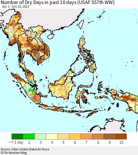 South East Asia Number of Dry Days in past 10 days (USAF 557th WW) Thematic Map For 10/6/2023 - 10/10/2023