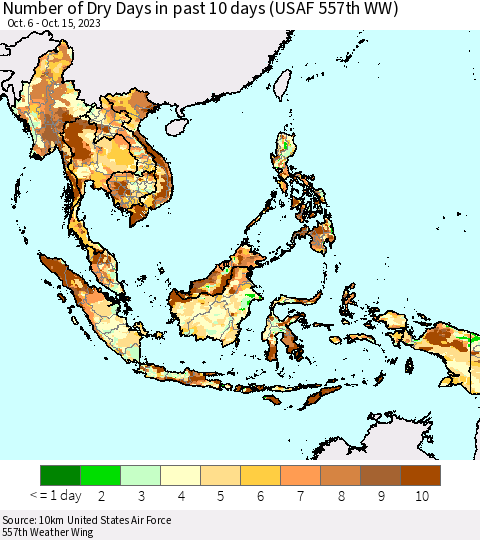 South East Asia Number of Dry Days in past 10 days (USAF 557th WW) Thematic Map For 10/11/2023 - 10/15/2023
