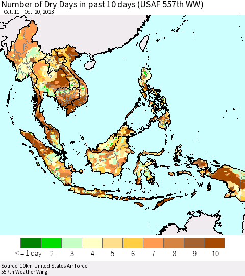South East Asia Number of Dry Days in past 10 days (USAF 557th WW) Thematic Map For 10/16/2023 - 10/20/2023