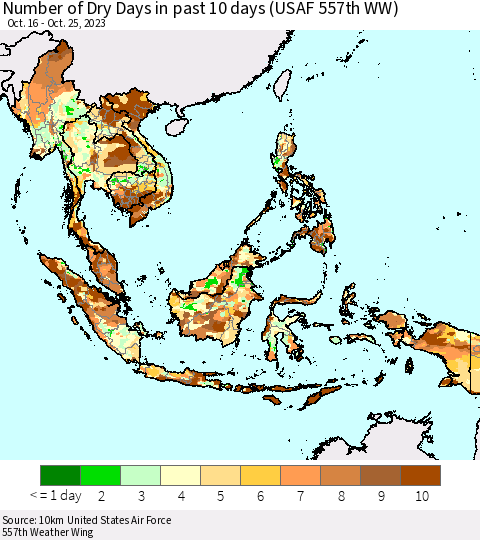 South East Asia Number of Dry Days in past 10 days (USAF 557th WW) Thematic Map For 10/21/2023 - 10/25/2023