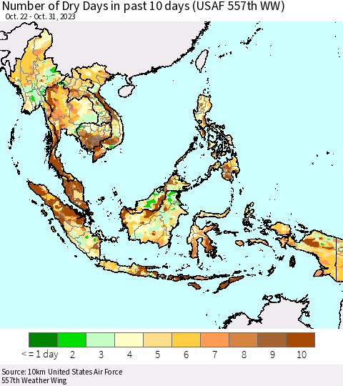 South East Asia Number of Dry Days in past 10 days (USAF 557th WW) Thematic Map For 10/26/2023 - 10/31/2023