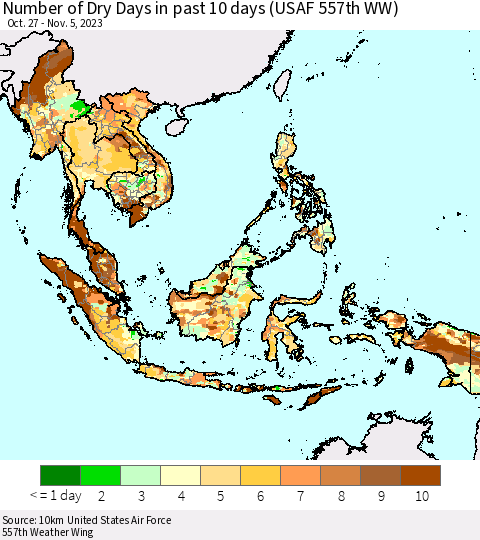 South East Asia Number of Dry Days in past 10 days (USAF 557th WW) Thematic Map For 11/1/2023 - 11/5/2023